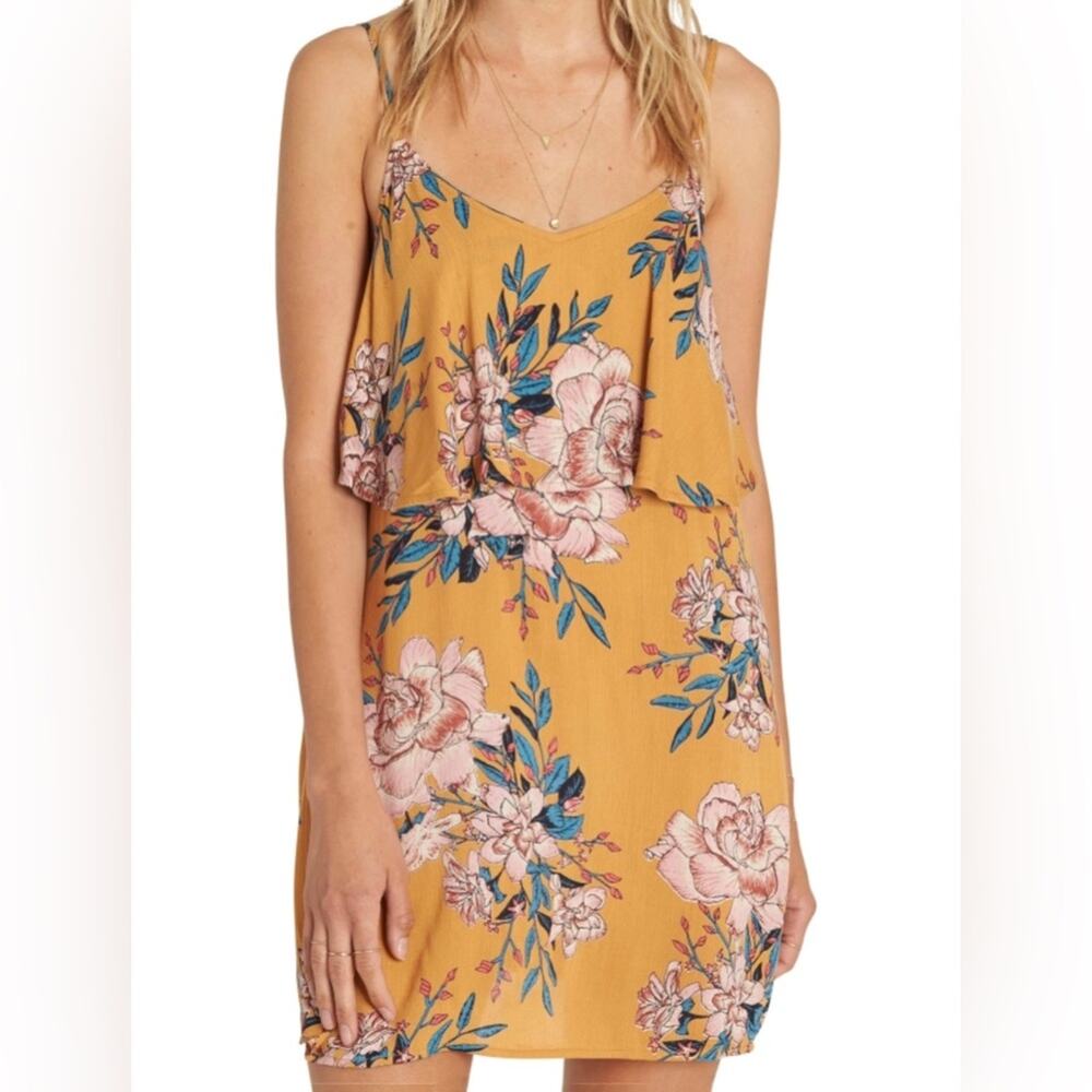 BILLABONG floral print dress tan pink medium